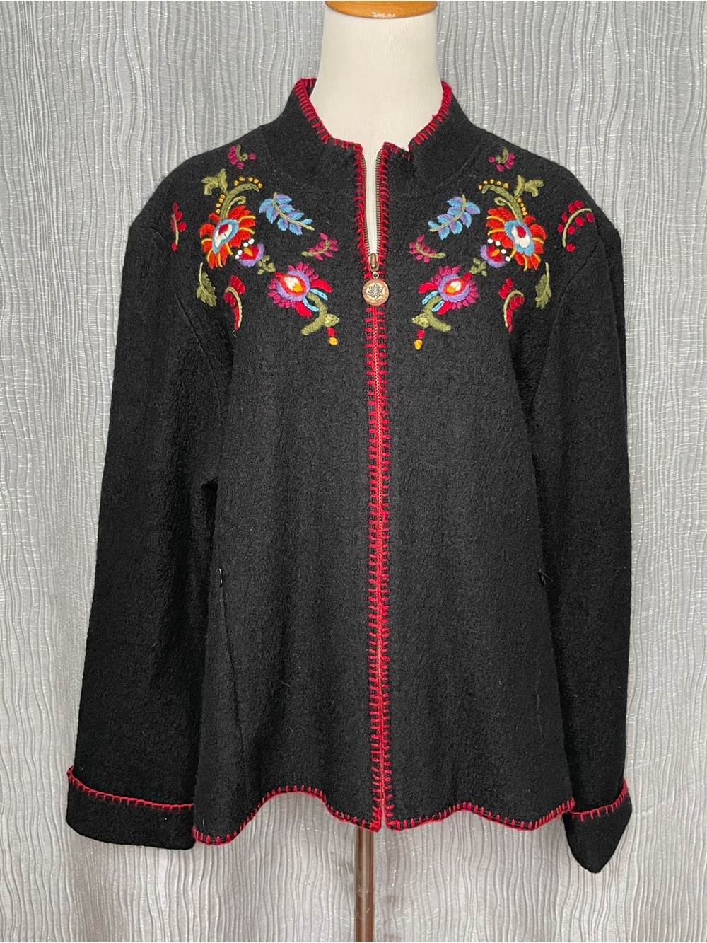 Coldwater Creek Embroidered Zip-Front Wool Pea Coat